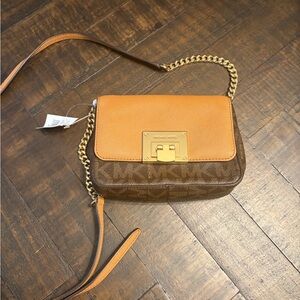 Michael Kors Tan and Brown Signature Logo Crossbody Bag